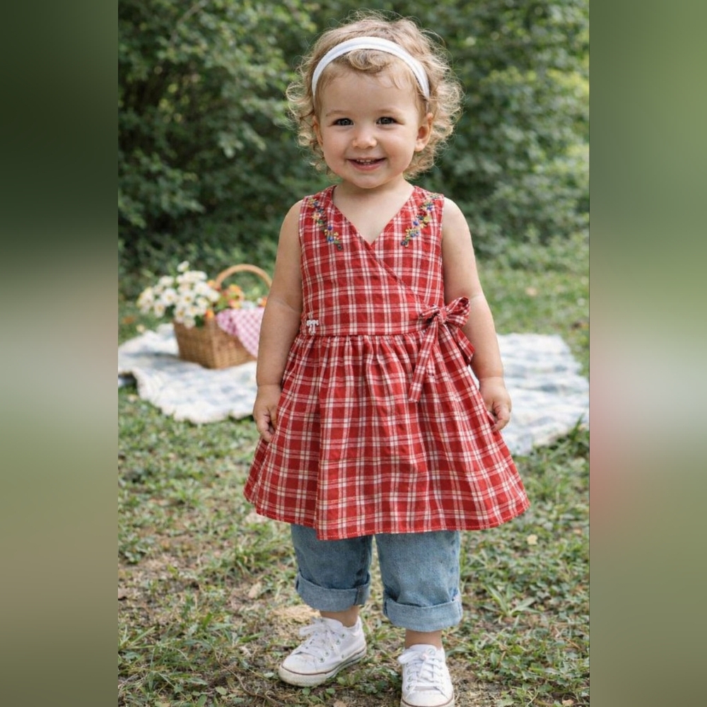 Vtg OshKosh B'gosh Red Gingham Wrap Dress Floral Embroidered USA Toddler Sz 2T